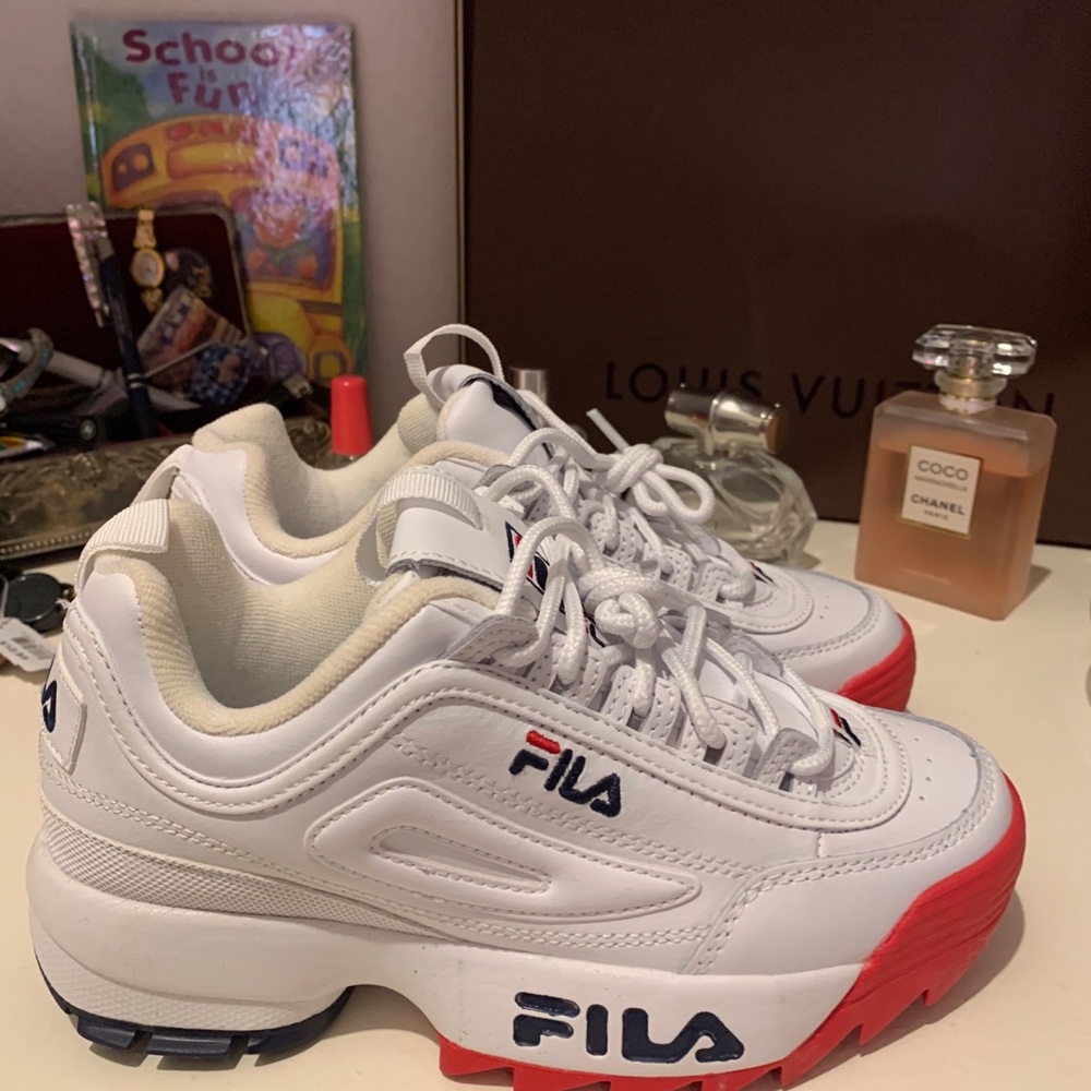 FILA Disruptor II Premium White, Red & Blue Shoes